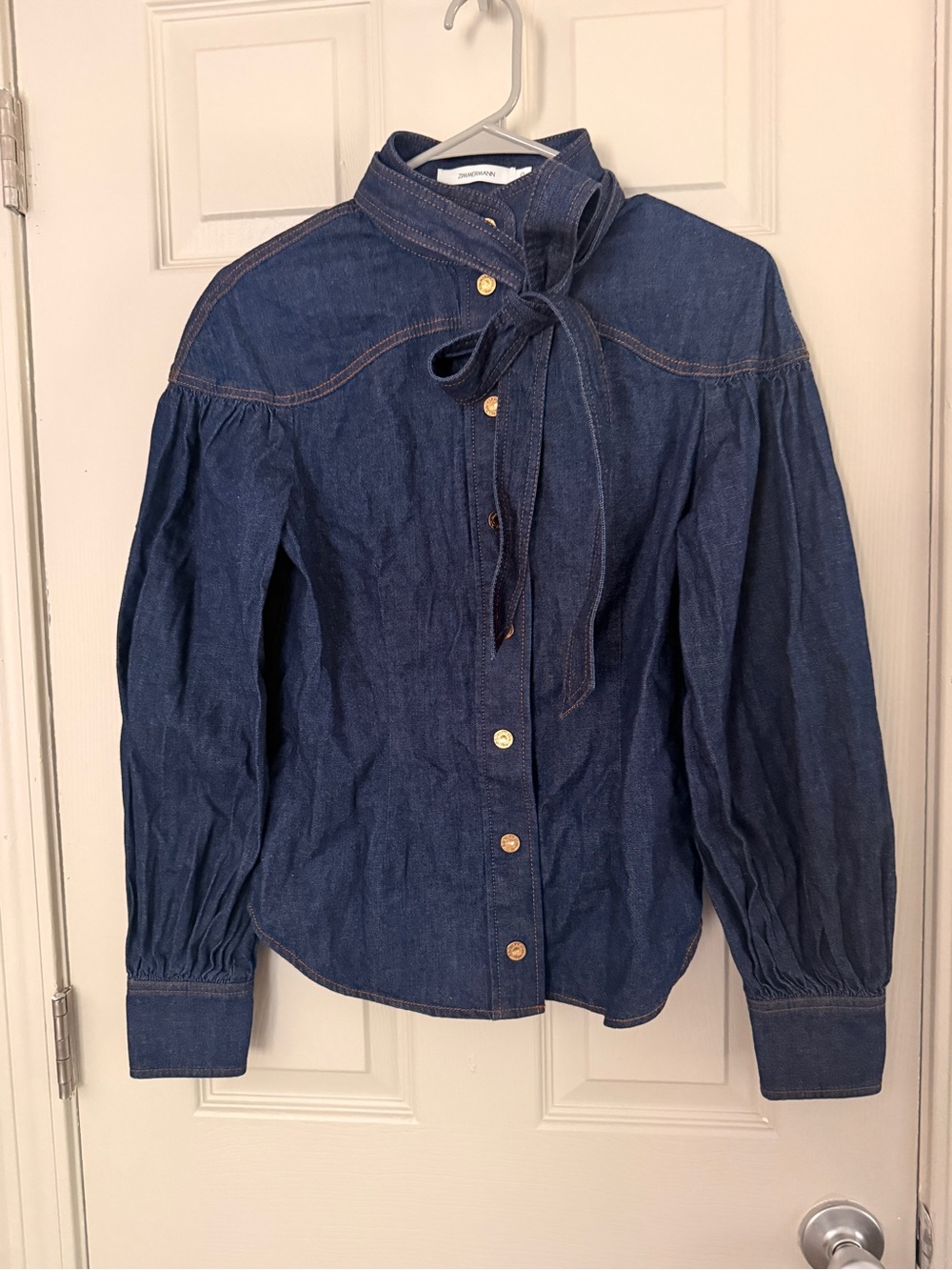 Zimmermann Dark Blue Denim Tie-Neck Button-Down Blouse